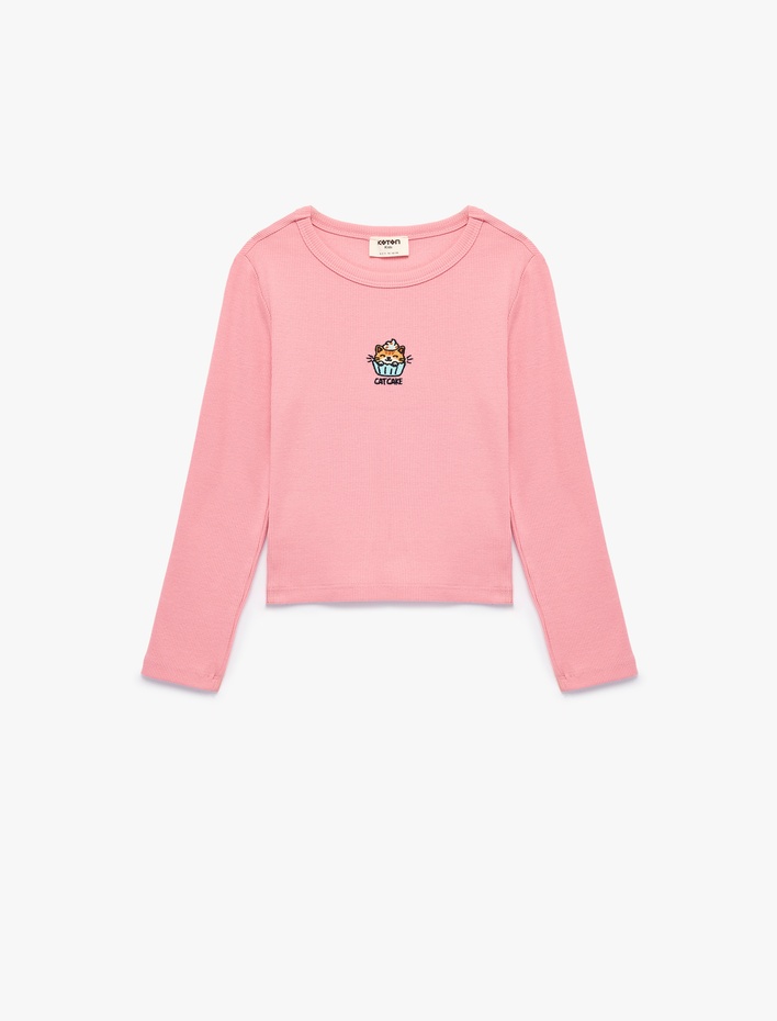 Kız Çocuk Kedi Nakışlı Slim Fit Pamuklu Kaşkorse Bisiklet Yaka Uzun Kollu Tişört