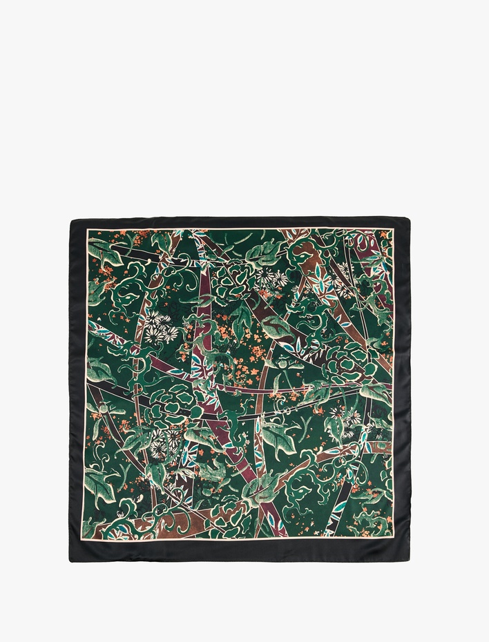 Kadın Geometrik ve Botanik Desenli Saten Kare Fular Bandana
