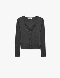 İkili Katmanlı Dantel Detaylı Slim Fit U Yaka Uzun Kollu Düğmeli Triko Hırka