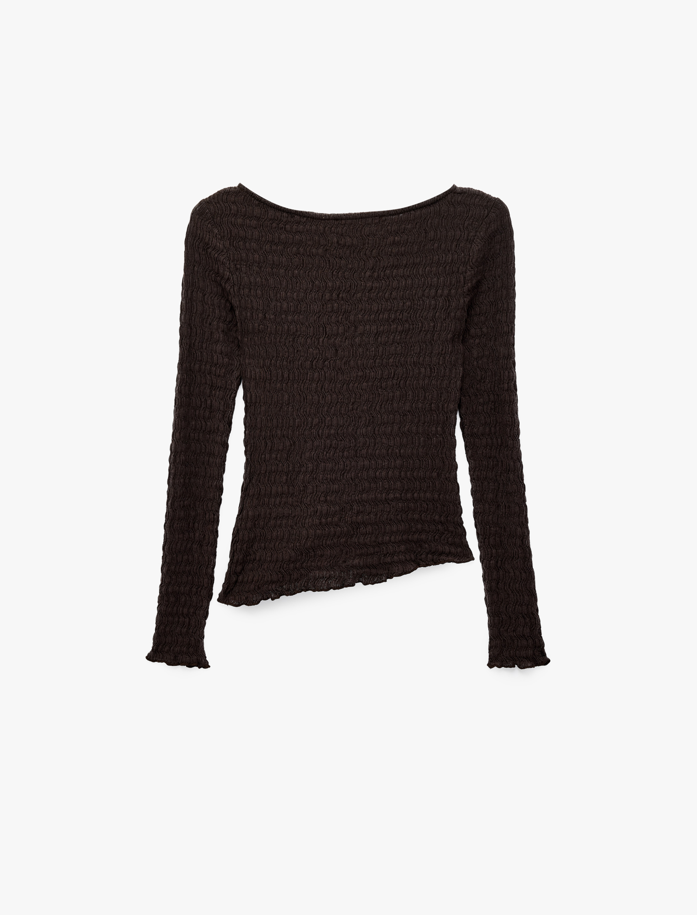   Slim Fit Bürümcük Kumaş Dokulu Bisiklet Yaka Uzun Kollu Asimetrik Tişört