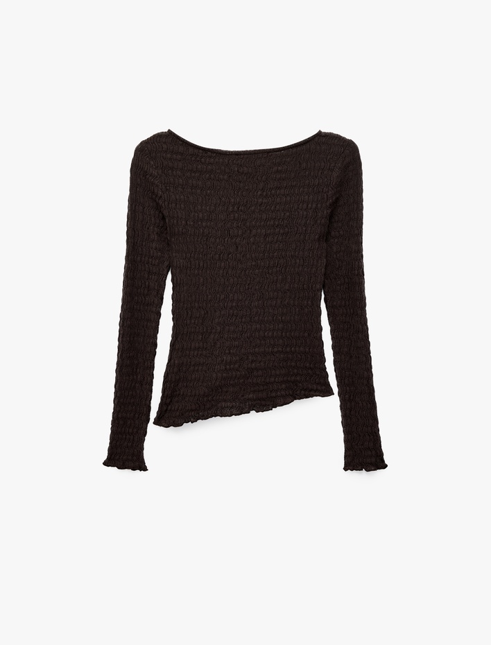  Slim Fit Bürümcük Kumaş Dokulu Bisiklet Yaka Uzun Kollu Asimetrik Tişört