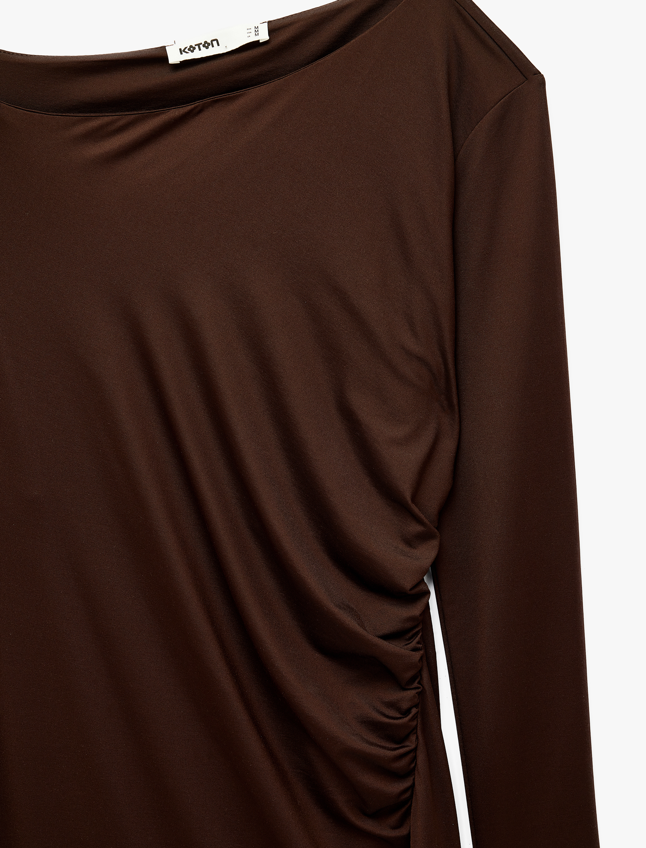   Yırtmaç Detaylı Büzgülü Slim Fit Uzun Kollu Asimetrik Kayık Yaka Midi Elbise
