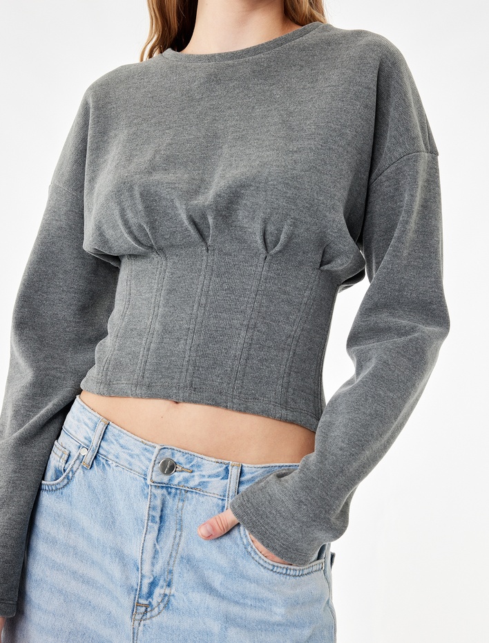  Slim Fit Uzun Kollu Bisiklet Yaka Korse Detaylı Tişört