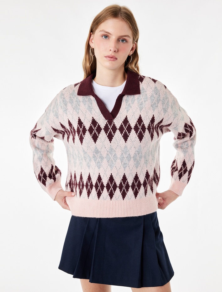  Regular Fit Polo Yaka Uzun Kollu Triko Baklava Desenli Kazak