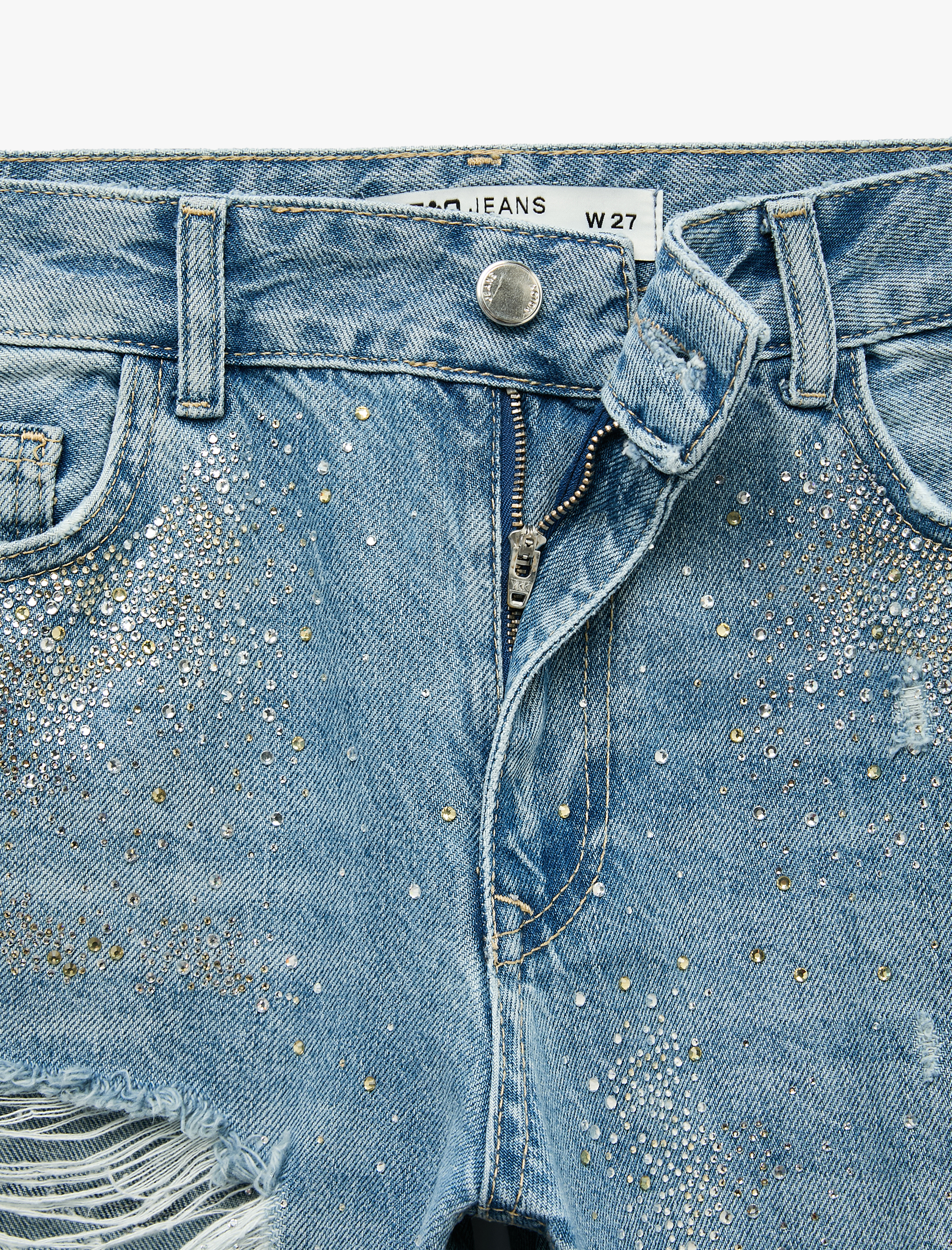   Taşlı Yıpratma Detaylı Cepli Düğmeli Düz Paça Denim Pantolon - Longer Straight Fit Jeans