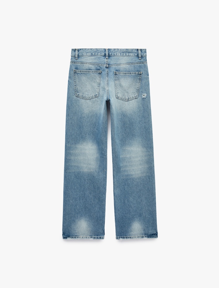  Taşlı Yıpratma Detaylı Cepli Düğmeli Düz Paça Denim Pantolon - Longer Straight Fit Jeans