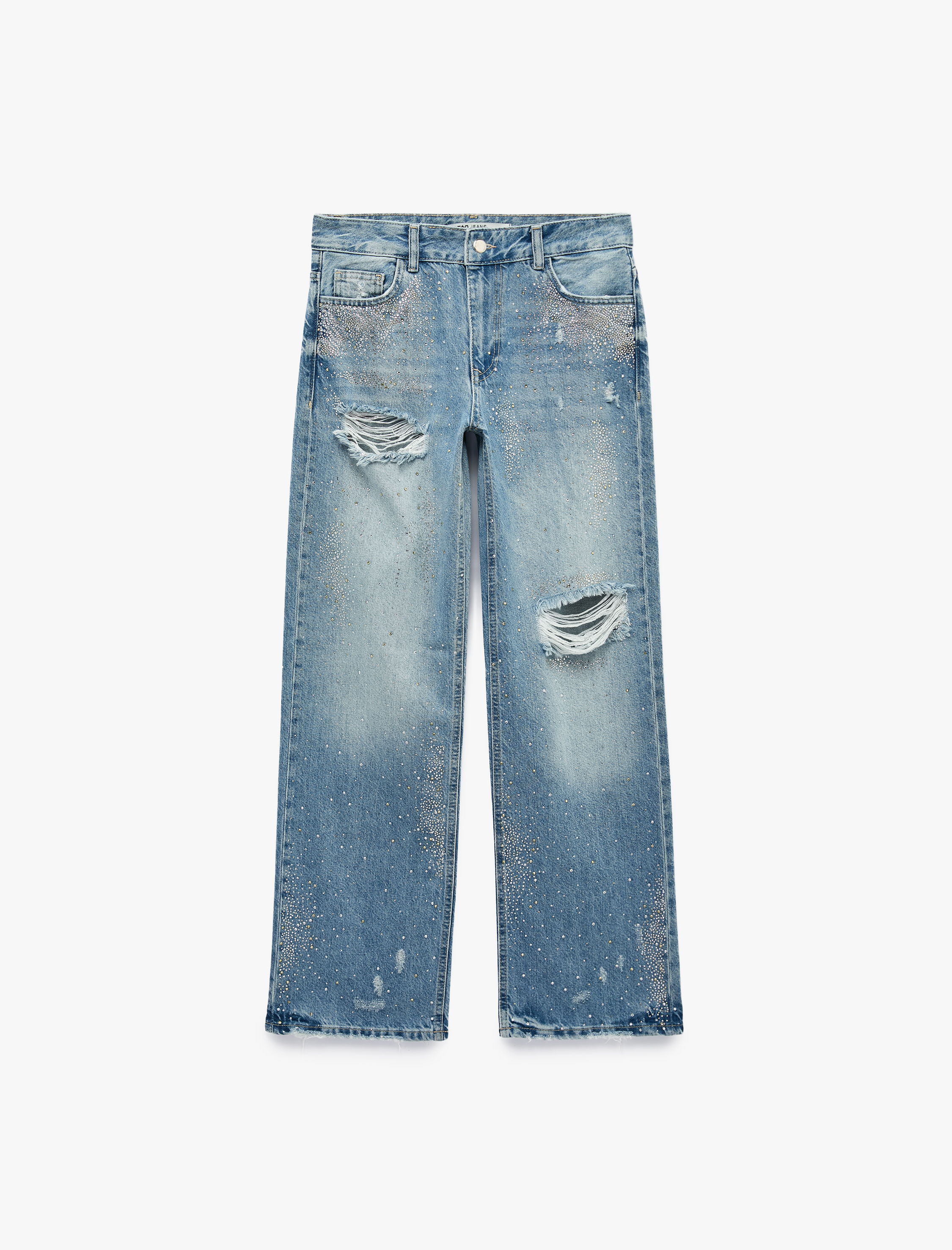  Taşlı Yıpratma Detaylı Cepli Düğmeli Düz Paça Denim Pantolon - Longer Straight Fit Jeans