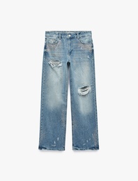 Taşlı Yıpratma Detaylı Cepli Düğmeli Düz Paça Denim Pantolon - Longer Straight Fit Jeans