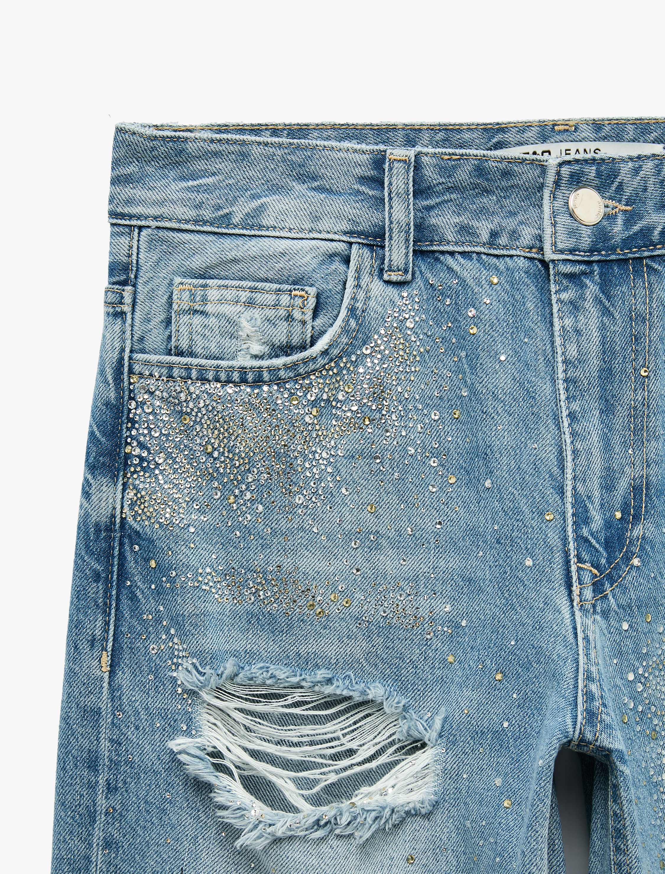   Taşlı Yıpratma Detaylı Cepli Düğmeli Düz Paça Denim Pantolon - Longer Straight Fit Jeans