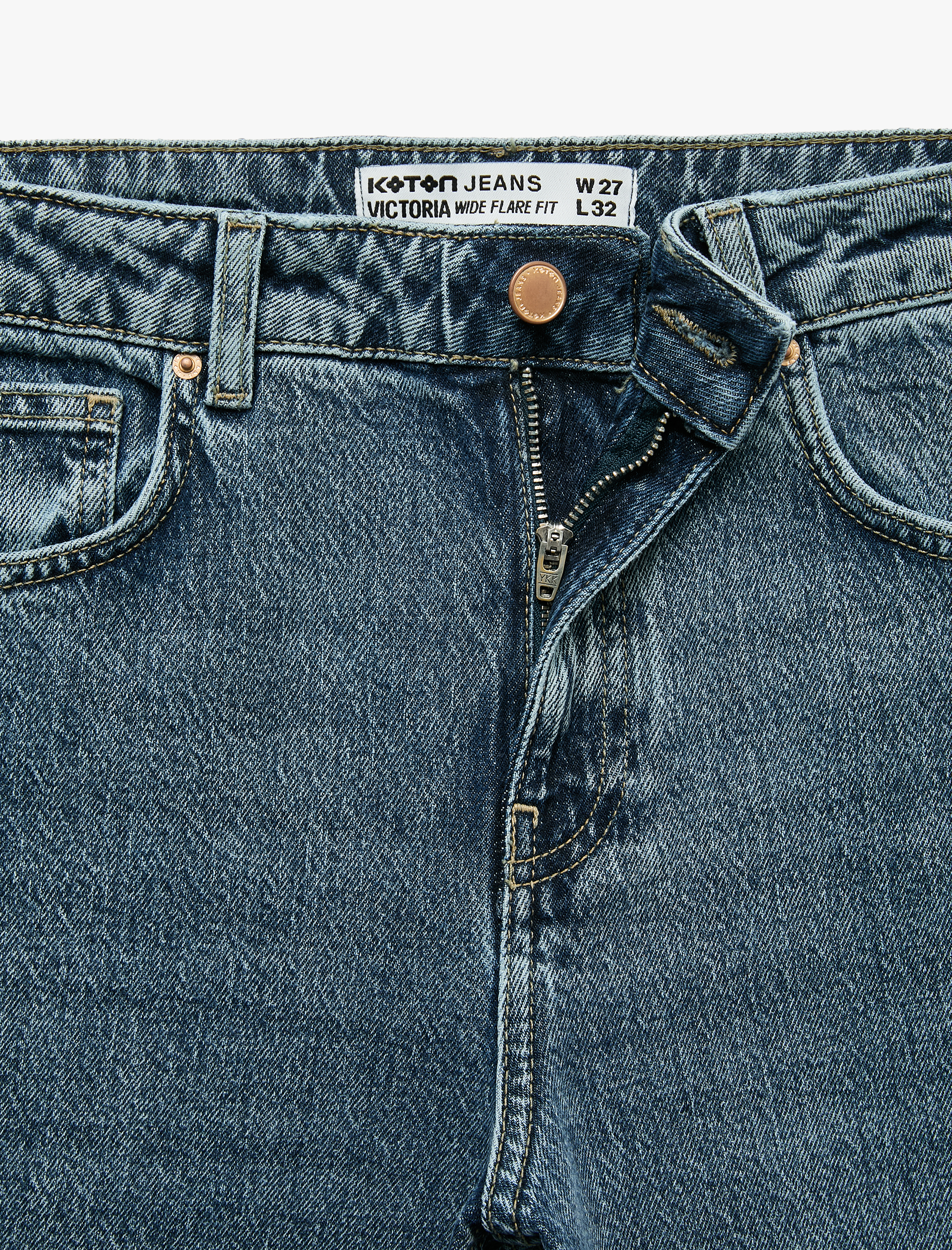   Normal Bel Düğmeli Cepli İspanyol Paça Denim Pantolon - Flare Jeans