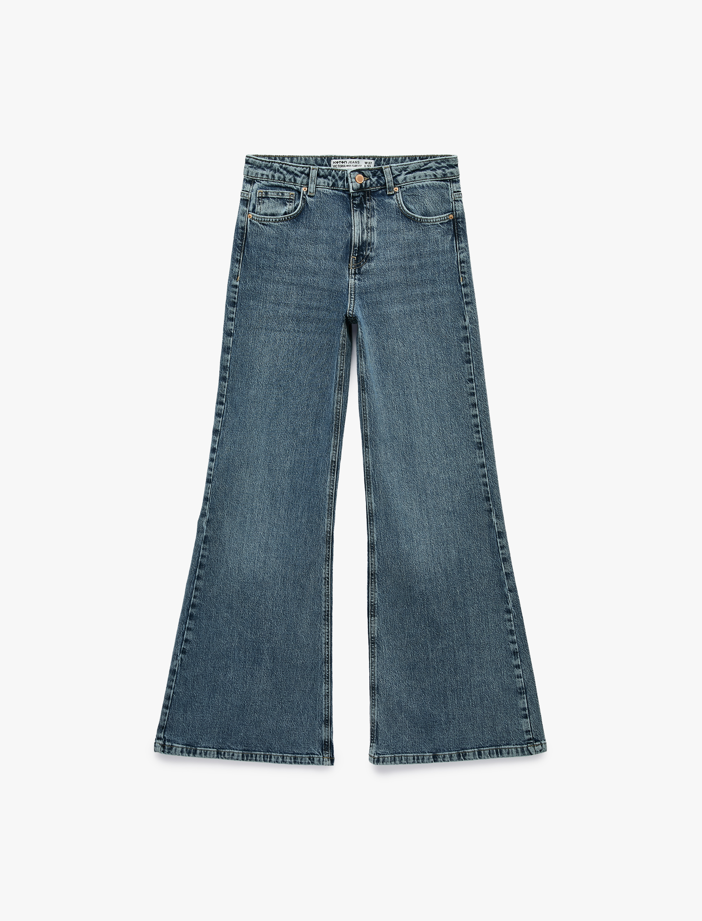   Normal Bel Düğmeli Cepli İspanyol Paça Denim Pantolon - Flare Jeans