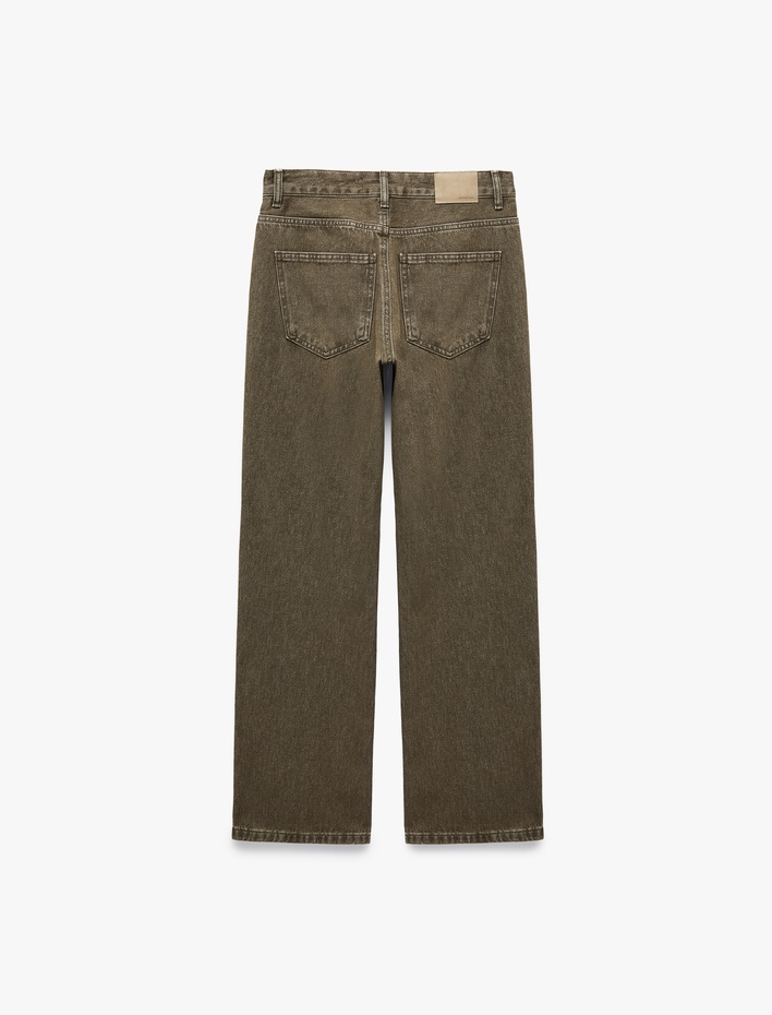  Normal Bel Uzun Düz Paça Cepli Düğmeli Denim Pantolon - Longer Straight Fit Jeans