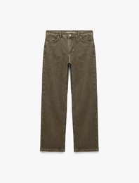 Normal Bel Uzun Düz Paça Cepli Düğmeli Denim Pantolon - Longer Straight Fit Jeans