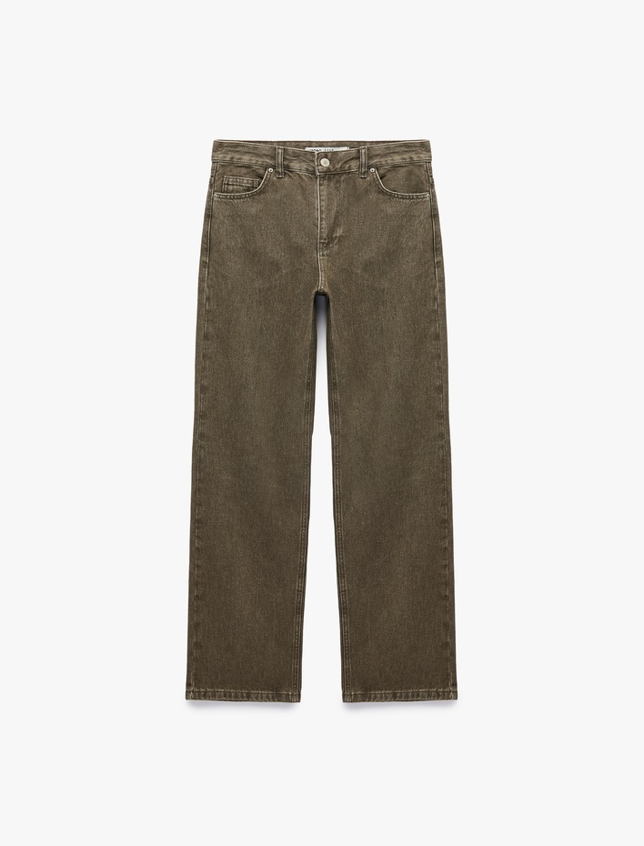  Normal Bel Uzun Düz Paça Cepli Düğmeli Denim Pantolon - Longer Straight Fit Jeans