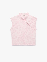 Slim Fit Kolsuz Düğmeli Qipao Yaka Tül Bluz