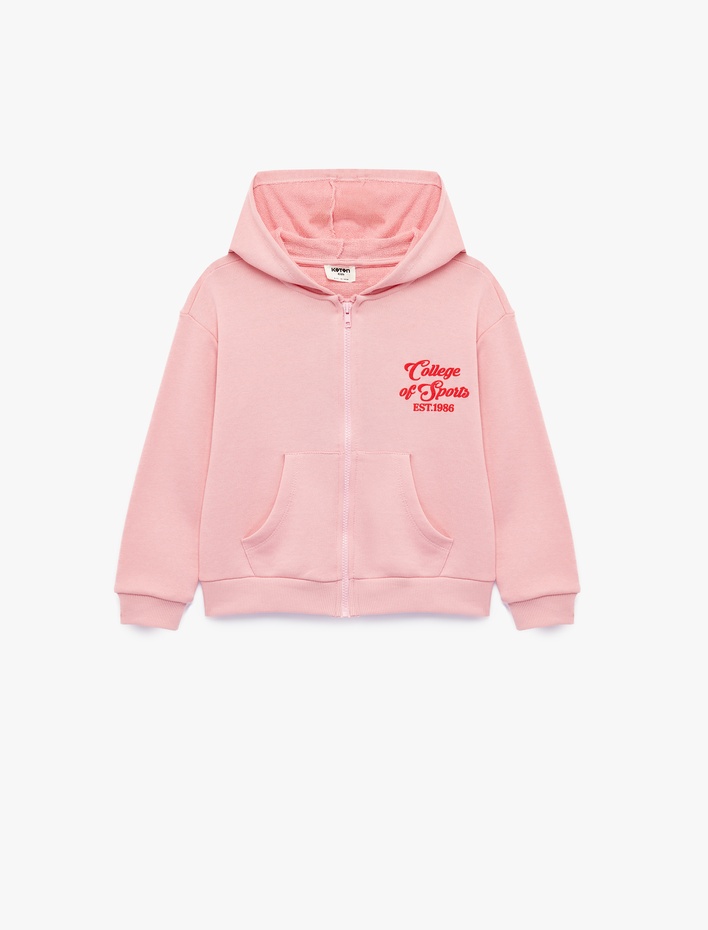 Kız Çocuk Cep Detaylı Uzun Kollu Baskılı Oversize Kapşonlu Fermuarlı Sweatshirt