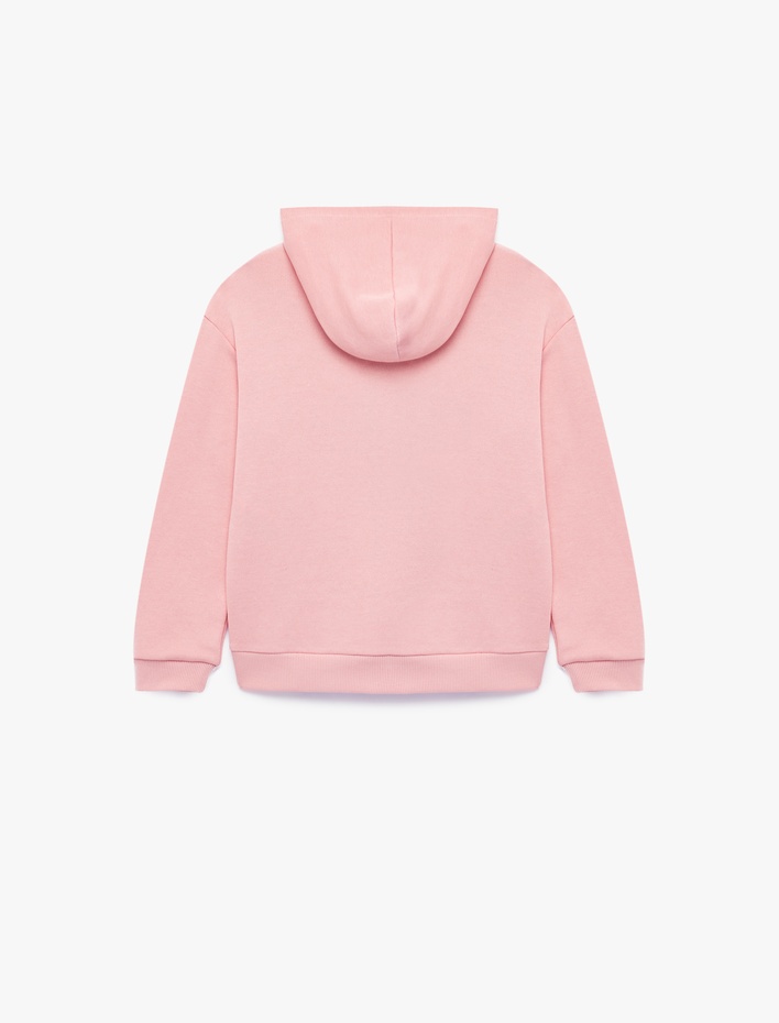 Kız Çocuk Cep Detaylı Uzun Kollu Baskılı Oversize Kapşonlu Fermuarlı Sweatshirt