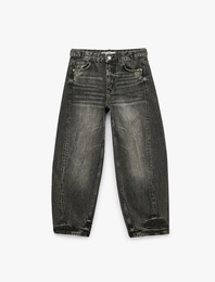 Yıkamalı Dikiş Detaylı Düğmeli Rahat Kalıp Balon Fit Barrel Denim Pantolon - Barrel Jeans