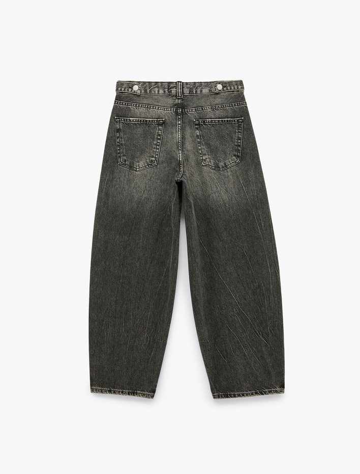  Yıkamalı Dikiş Detaylı Düğmeli Rahat Kalıp Balon Fit Barrel Denim Pantolon - Barrel Jeans