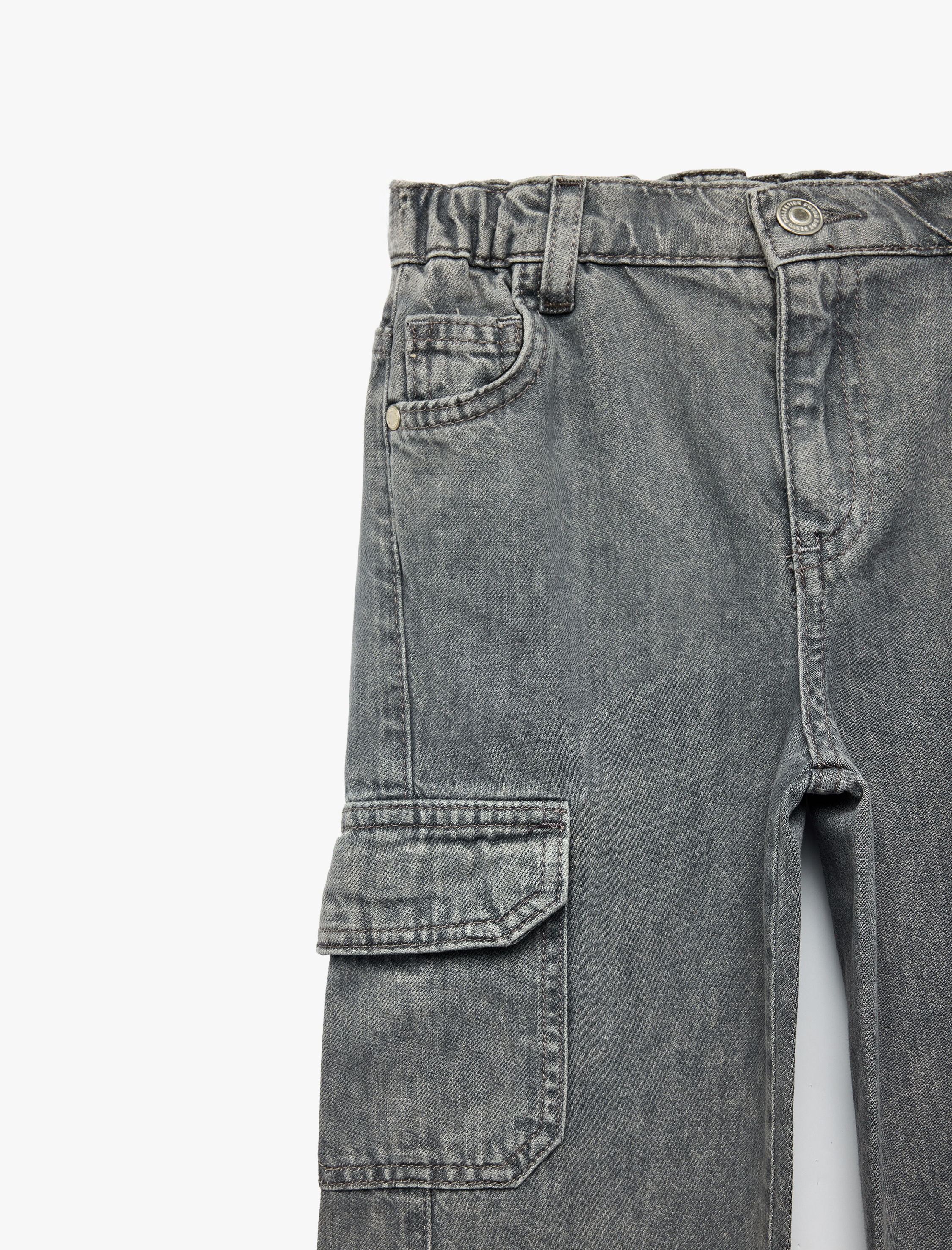  Erkek Çocuk Cep Detaylı Loose Fit Pamuklu Denim Kargo Pantolon - Cargo Jeans