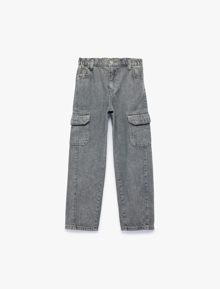 Erkek Çocuk Cep Detaylı Loose Fit Pamuklu Denim Kargo Pantolon - Cargo Jeans
