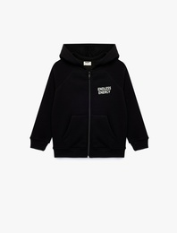 Baskı Detaylı Pamuklu Cepli Üç İplik Şardonlu Kapşonlu Fermuarlı Sweatshirt