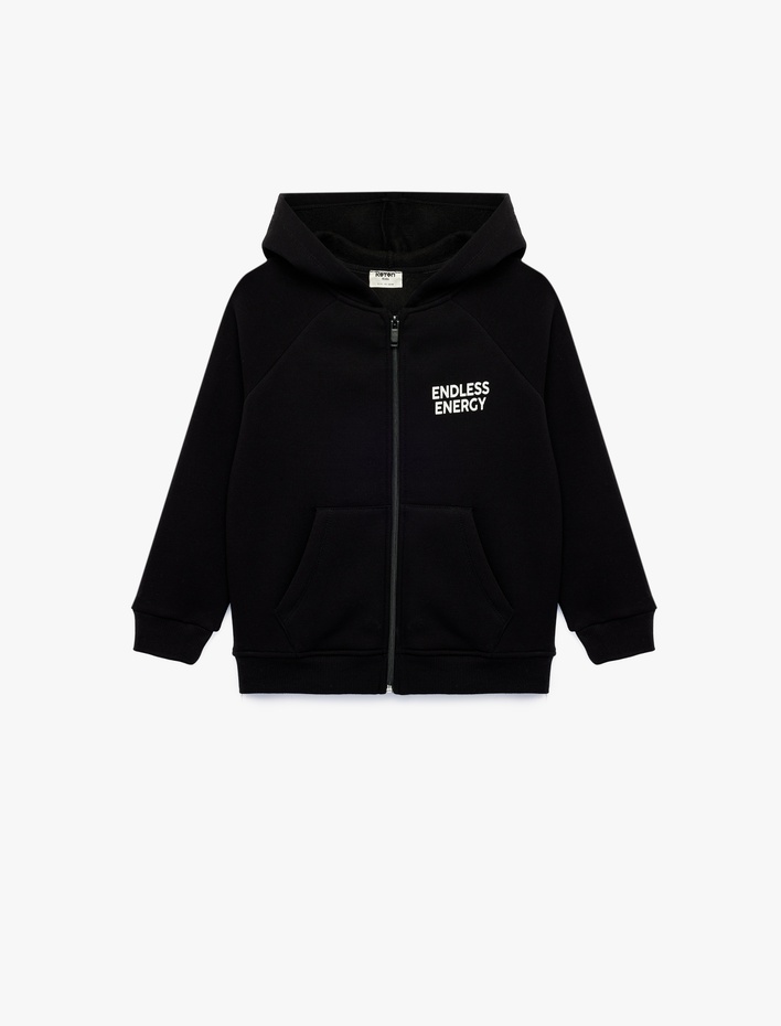 Erkek Çocuk Baskı Detaylı Pamuklu Cepli Üç İplik Şardonlu Kapşonlu Fermuarlı Sweatshirt