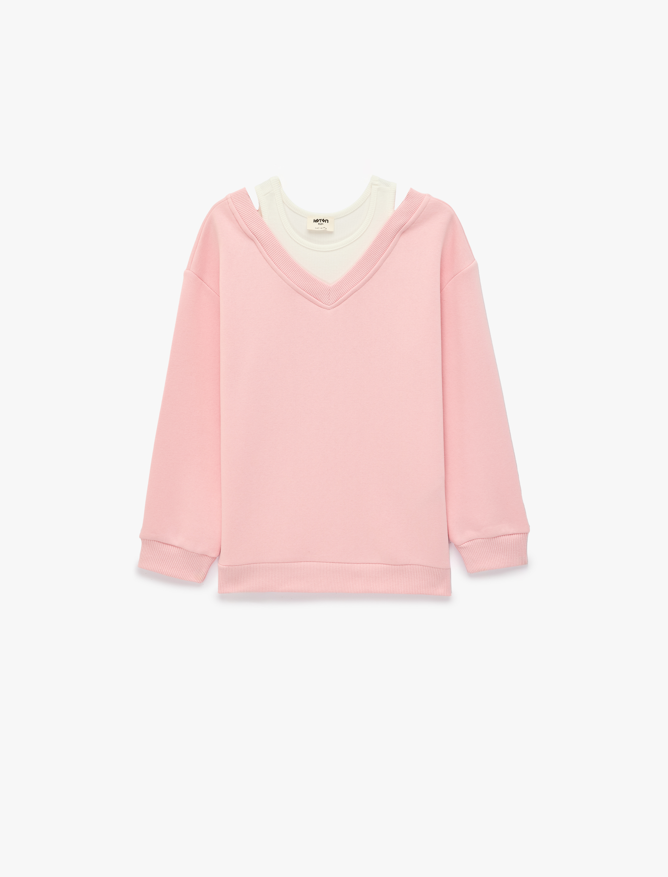  Kız Çocuk Katmanlı V Yaka Uzun Kollu Pamuklu Şardonlu Sweatshirt