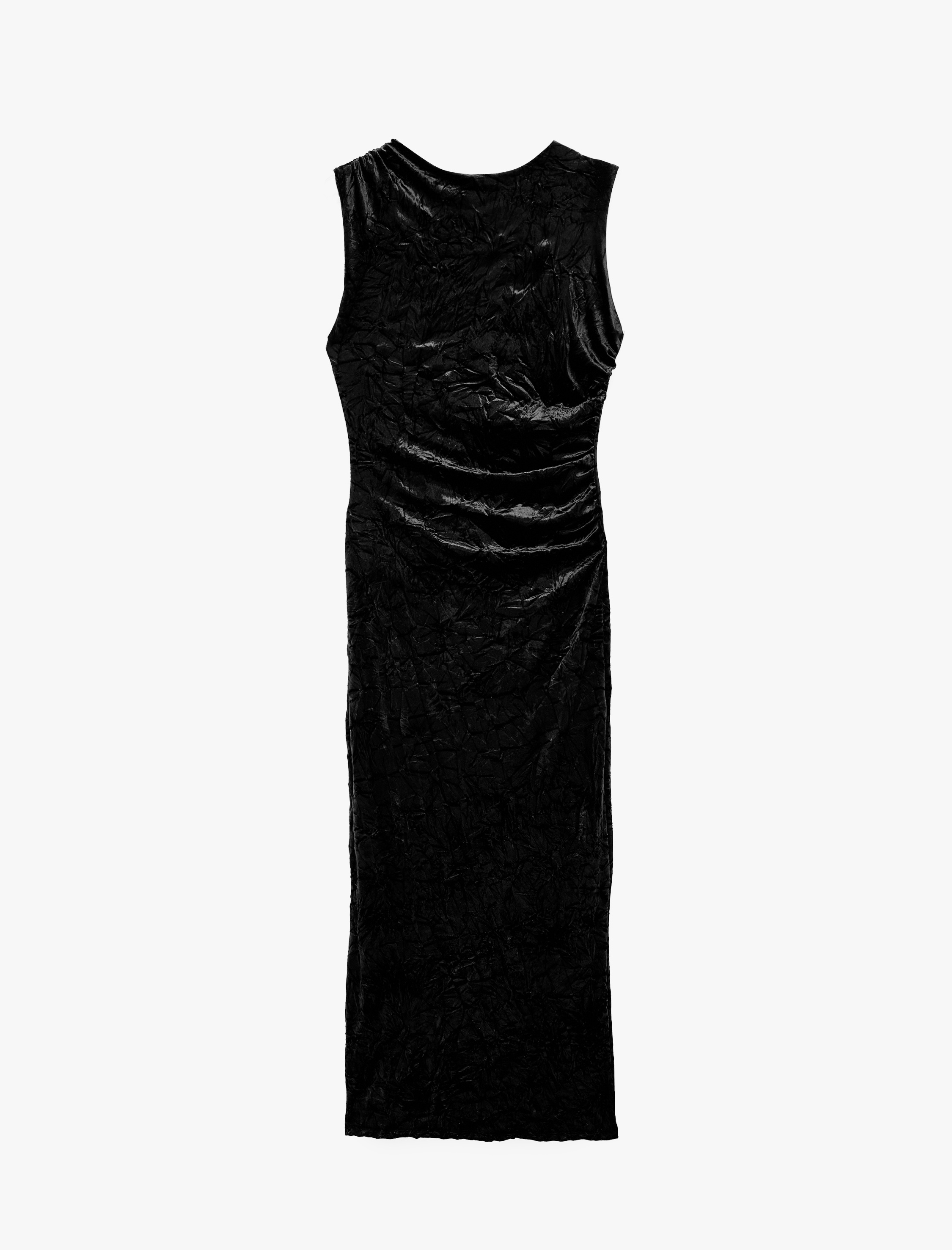   Slim Fit Bisiklet Yaka Drapeli Kolsuz Dokulu Kadife Midi Elbise
