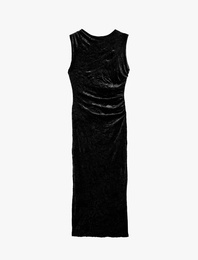 Slim Fit Bisiklet Yaka Drapeli Kolsuz Dokulu Kadife Midi Elbise
