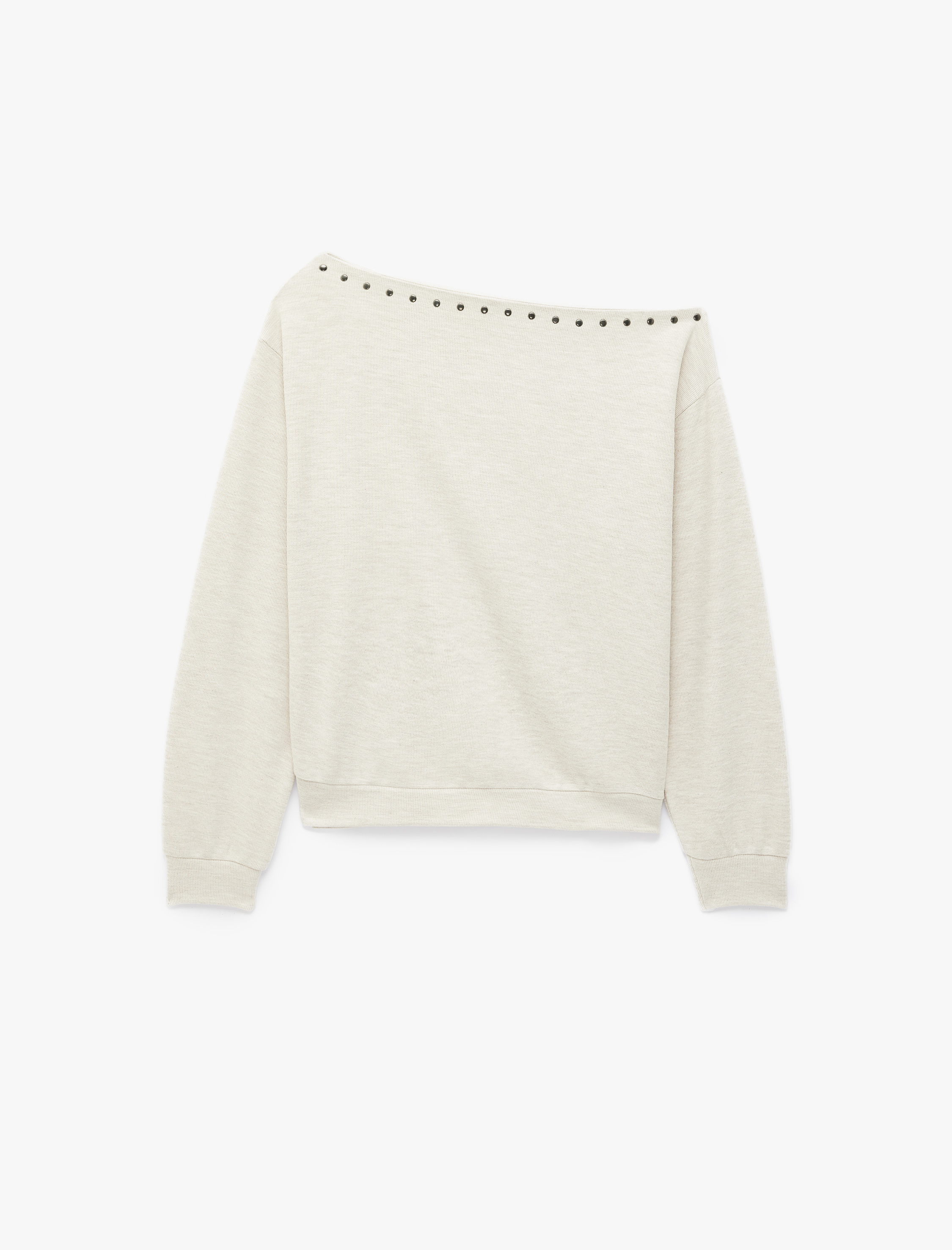   Uzun Kollu Zımba Detaylı Asimetrik Kayık Yaka Omzu Açık Sweatshirt