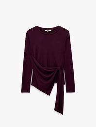 Bisiklet Yaka Uzun Kollu Slim Fit Drapeli Asimetrik Bağlama Detaylı Yumuşak Dokulu Tişört