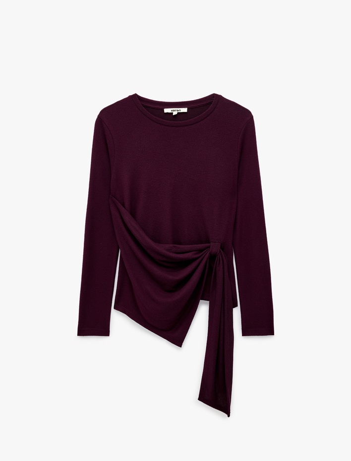  Bisiklet Yaka Uzun Kollu Slim Fit Drapeli Asimetrik Bağlama Detaylı Yumuşak Dokulu Tişört