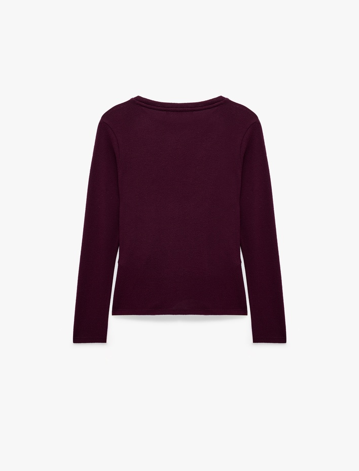  Bisiklet Yaka Uzun Kollu Slim Fit Drapeli Asimetrik Bağlama Detaylı Yumuşak Dokulu Tişört