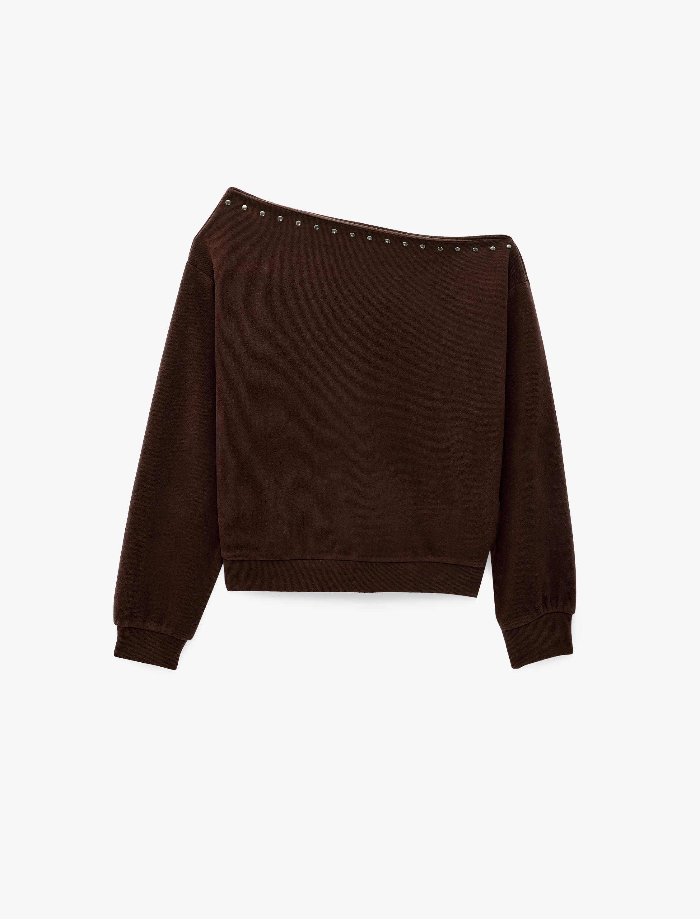  Uzun Kollu Zımba Detaylı Asimetrik Kayık Yaka Omzu Açık Sweatshirt