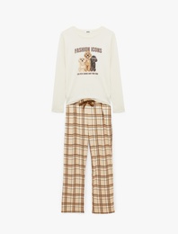 Bisiklet Yaka Baskılı Uzun Kollu 2'li Pijama Takımı