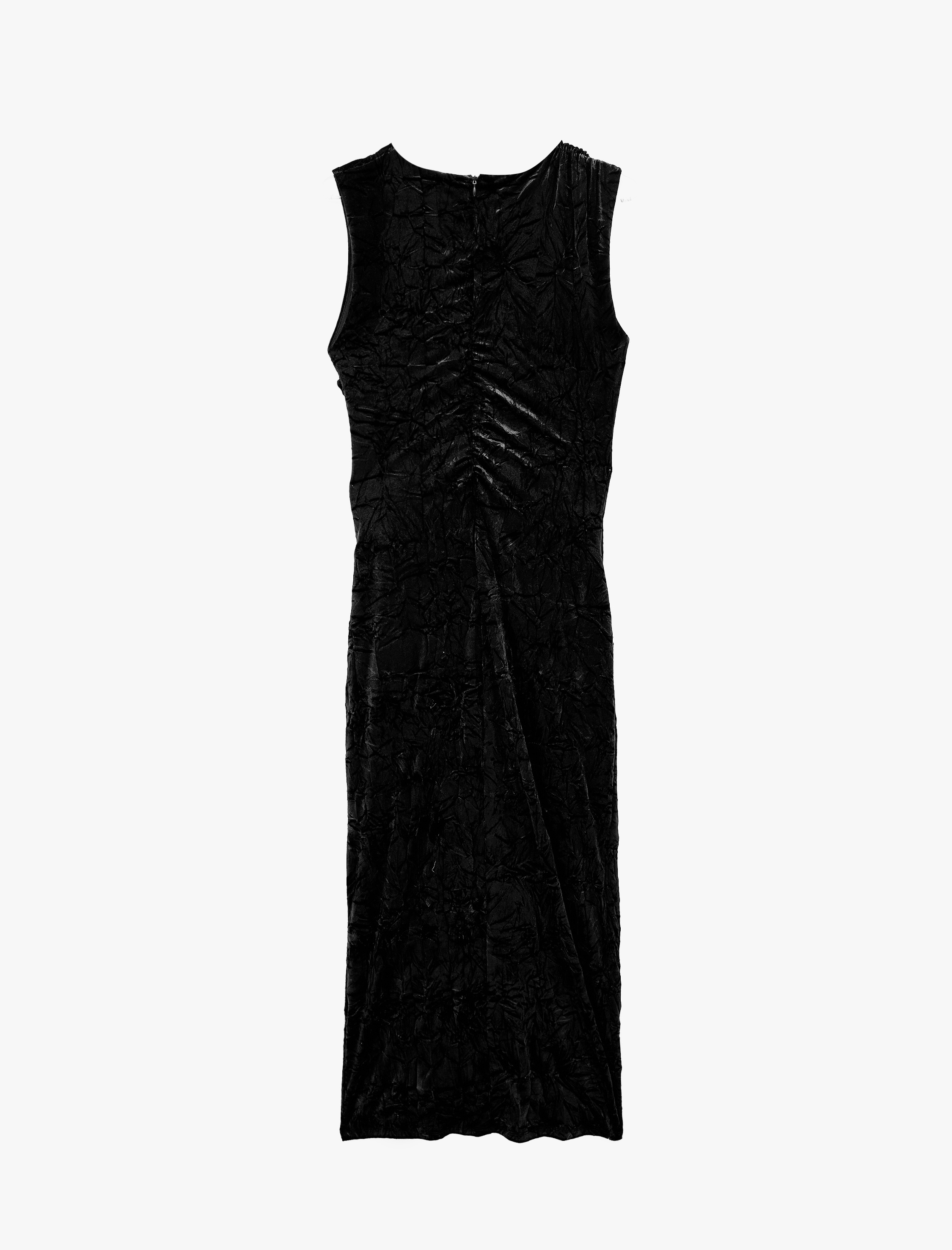   Slim Fit Bisiklet Yaka Drapeli Kolsuz Dokulu Kadife Midi Elbise