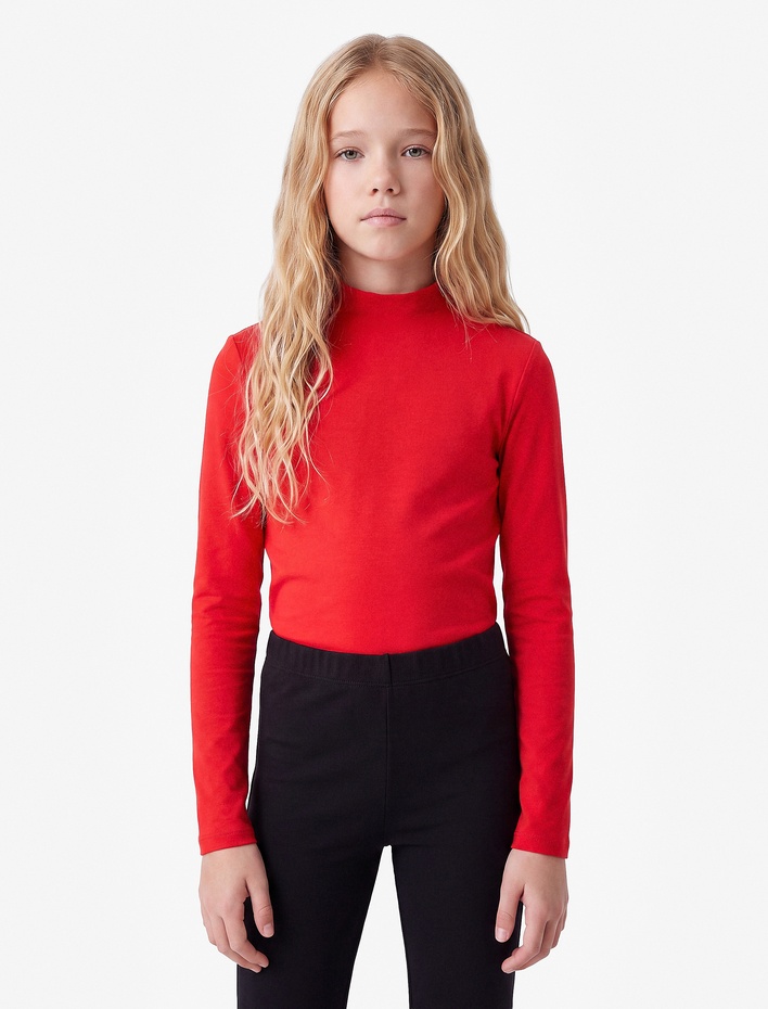 Kız Çocuk Modal Karışımlı Uzun Kollu Slim Fit Dik Yaka Tişört