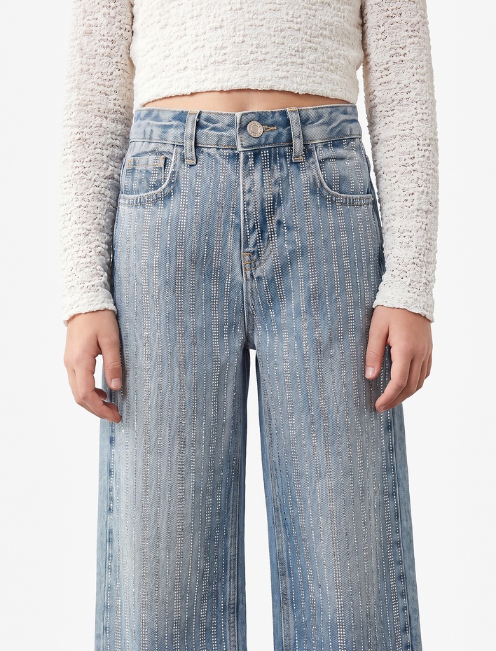 Kız Çocuk Pamuklu Cepli Yüksek Bel İspanyol Paça Denim Pantolon