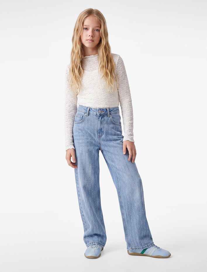Kız Çocuk Pamuklu Cepli Yüksek Bel İspanyol Paça Denim Pantolon