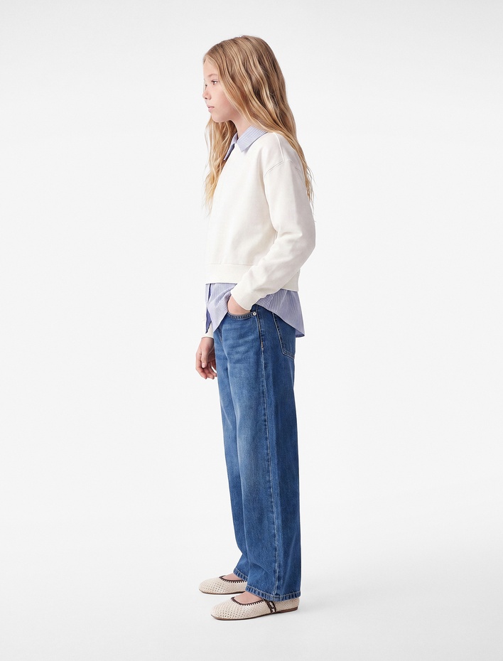 Kız Çocuk Yıldız Detaylı Pamuklu Loose Fit Geniş Paça Denim Pantolon