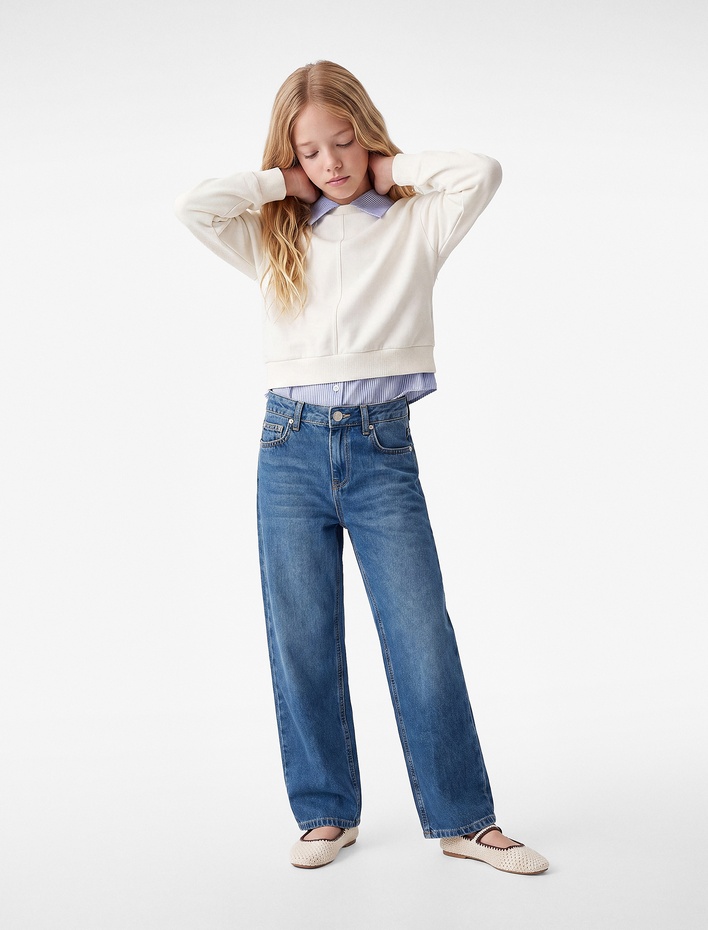 Kız Çocuk Yıldız Detaylı Pamuklu Loose Fit Geniş Paça Denim Pantolon