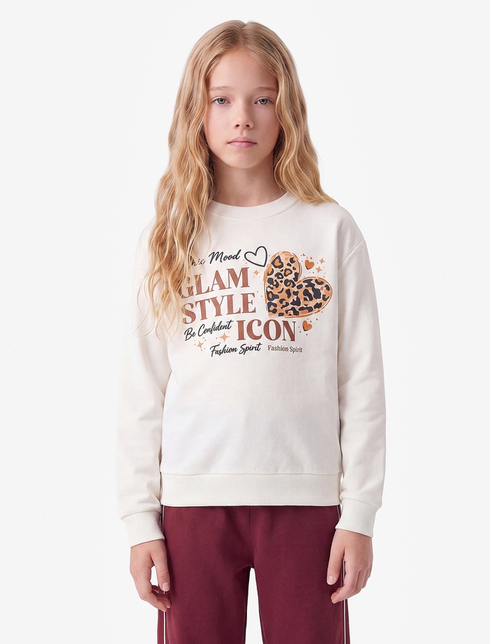 Kız Çocuk Uzun Kollu Bisiklet Yaka Kalp Baskılı Sweatshirt