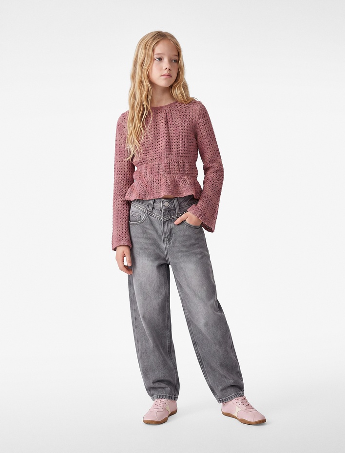 Kız Çocuk Loose Fit Cepli Pamuklu Denim Pantolon