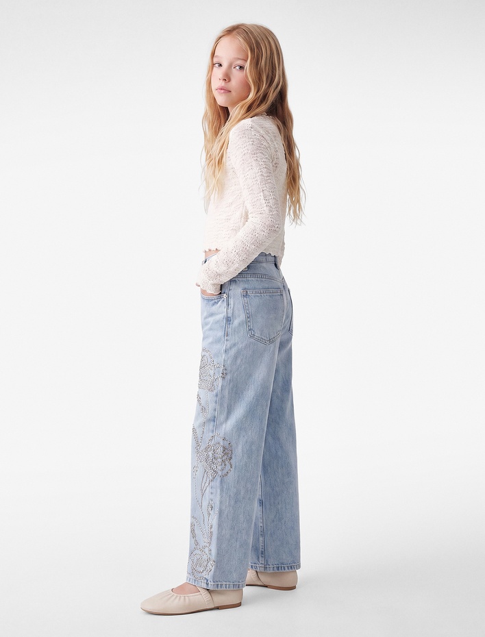 Kız Çocuk Yüksek Bel Cep Detaylı Çiçek Nakışlı Bol Paça Denim Pantolon