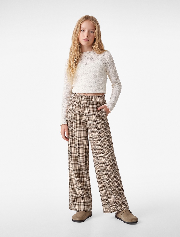 Kız Çocuk Yüksek Bel Beli Lastikli Ekoseli Geniş Paça Pantolon