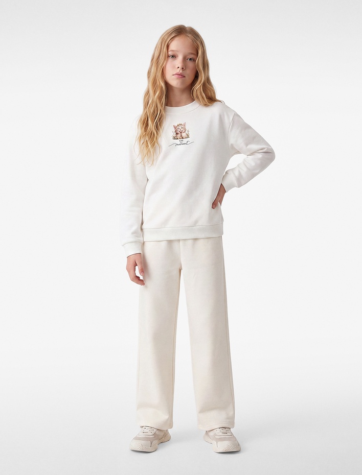 Kız Çocuk Bisiklet Yaka Uzun Kollu Şardonlu Pamuklu Kedi Baskılı Sweatshirt