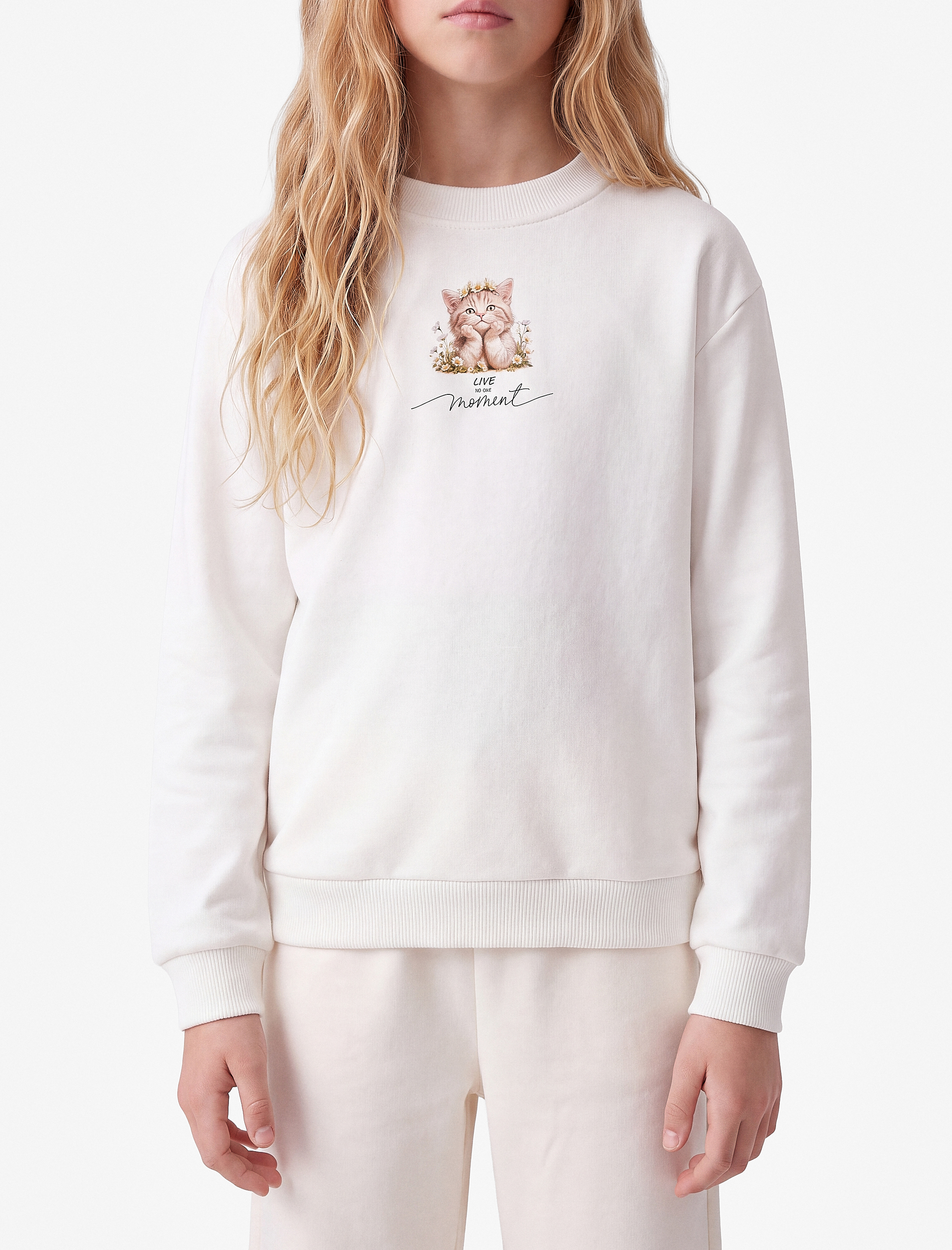  Kız Çocuk Bisiklet Yaka Uzun Kollu Şardonlu Pamuklu Kedi Baskılı Sweatshirt