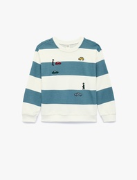Bisiklet Yaka Uzun Kollu Nakışlı Çizgili Oversize Sweatshirt