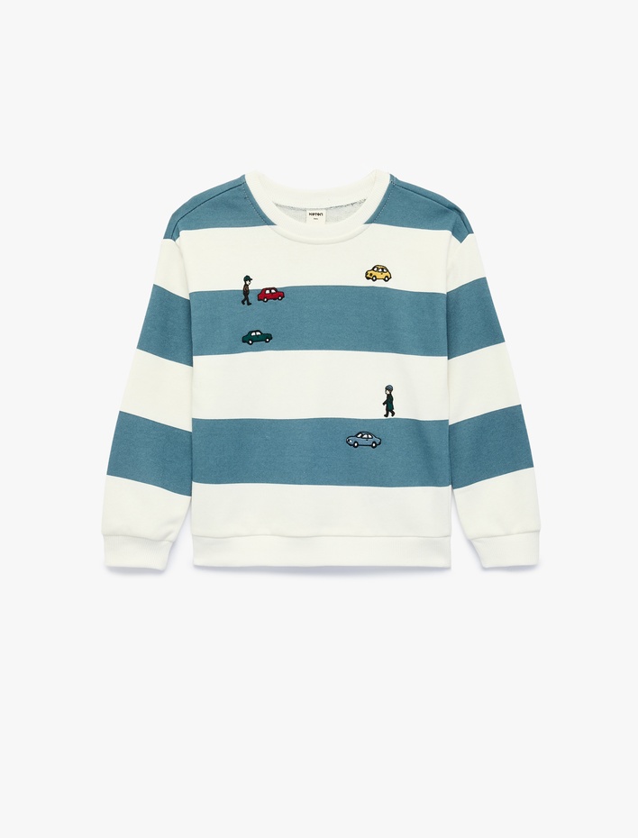 Erkek Bebek Bisiklet Yaka Uzun Kollu Nakışlı Çizgili Oversize Sweatshirt